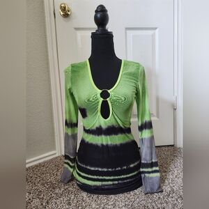 Lime Green Tie-Dye Keyhole Long Sleeve Swim Cover / Mini Dress S